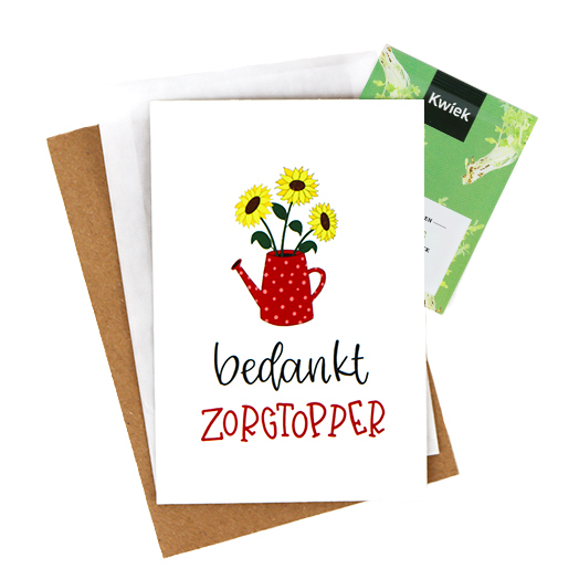 Bloemenzaden met kaart 'Bedankt zorgtopper' verpakt in pergamijn zakje, afbeelding 1 van 7