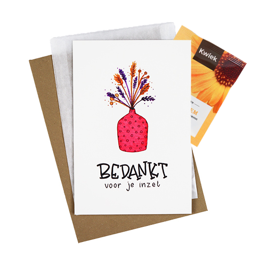 Bloemenzaden met kaart 'Bedankt voor je inzet' verpakt in pergamijn zakje, afbeelding 1 van 6