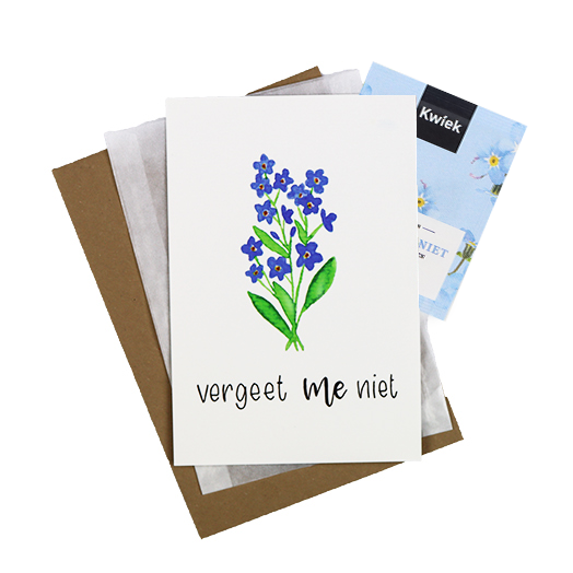 Bloemenzaden met kaart 'Vergeet me niet' verpakt in pergamijn zakje, afbeelding 1 van 6