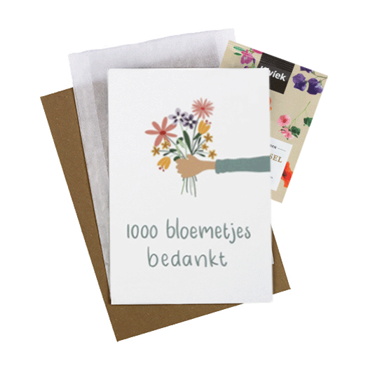 Bloemenzaden met kaart '1000 bloemetjes bedankt' verpakt in pergamijn zakje // Floralis, afbeelding 1 van 6