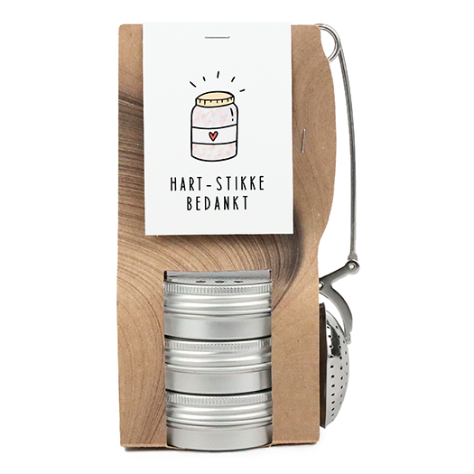 Theetas met 3 blikjes en thee-ei knijper - Hartstikke bedankt - Hoofdfoto